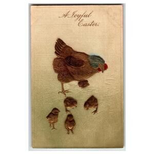 Vintage Embossed Easter Postcard Hen & Chicks Linen German P.V. Antique